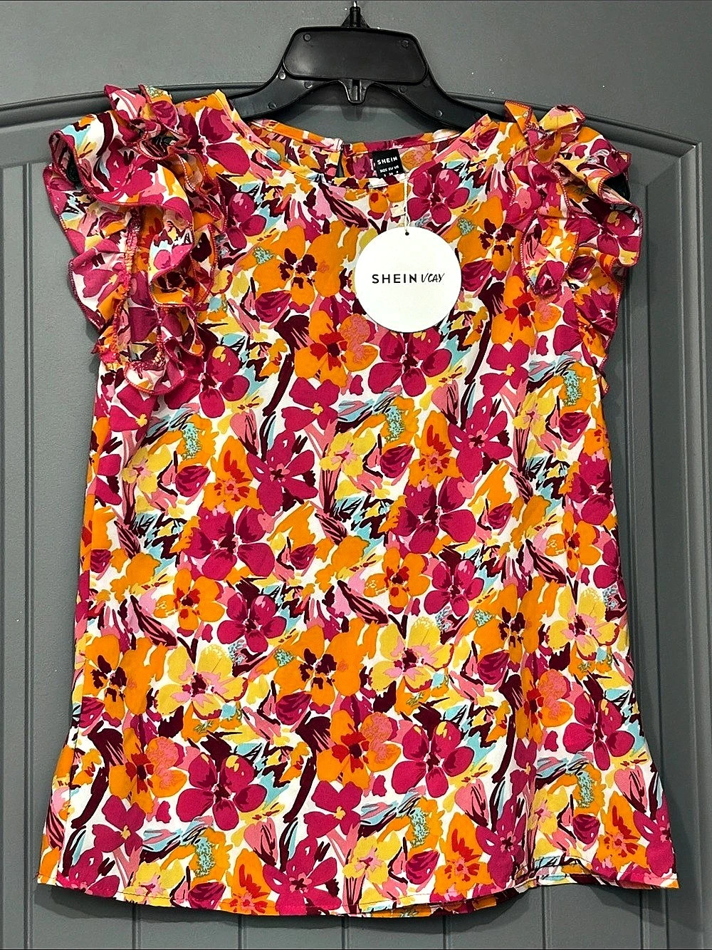 NWT SHEIN Floral Ruffle Sleeve Blouse in Pink & Orange Size small